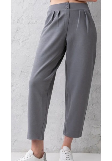 Çift Düğmeli Havuç Model Bilek Boy Kadın Kumaş Pantolon Gri
