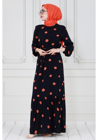 Puantiyeli Kuşaklı Tesettür Elbise-turuncu-3593-turuncu Turuncu