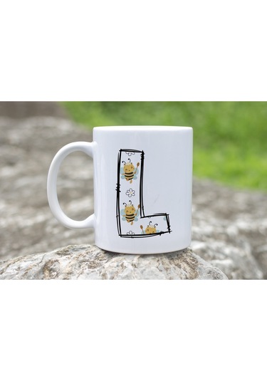 L Harfi Arı Desenli Kupa - Sevimli Hayvan Temalı Kişiye Özel Kahve Kupası - Şans Kupası Beyaz