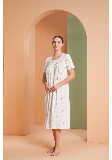 Pjs Kadın Yaprak Desenli Düğmeli Yaka Kısa Kol Gecelik Ekru