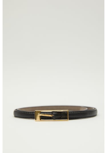 Dikdörtgen Tokalı İnce Kemer Siyah Siyah