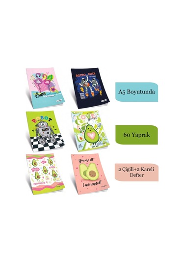 Çınar A5 60 Yaprak Karton Kapak Dikişli Defter 2 Çizgili 2 Kareli