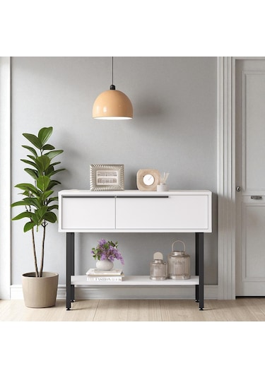 Robin Home Dresuar Antre Hol Kapaklı 100cm Metal Ayaklı Beyaz Beyaz