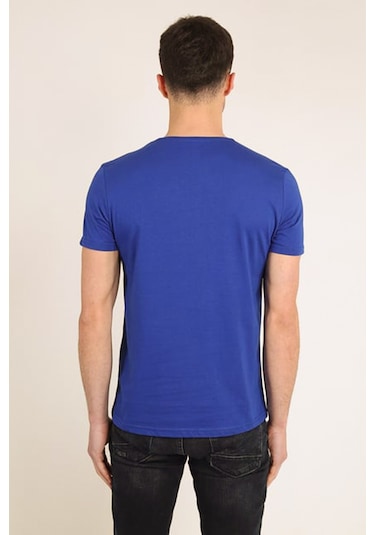 Erkek Mavi Slim Fit Bisiklet Yaka Basic T-shirt Mavi