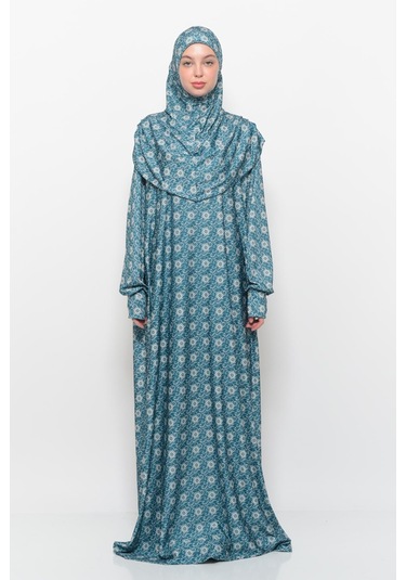 Pratik Tek Parça Güneş Desenli Kollu Tak Çıkar Başörtülü Likralı Tesettür Namaz Elbisesi 990-0302 Zümrüt Antrasit