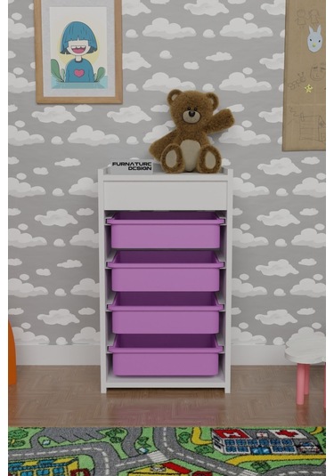 4 Sepetli Oyuncak Dolabı Çok Amaçlı Dolap Beyaz - Pembe Beyaz