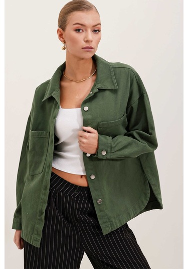 Gabria Çift Cep Gabardin Ceket Haki