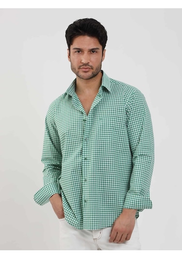 Dufy Yeşil Erkek Regular Fit Kareli Brent Düğmeli Yaka Uzun Kol Gömlek - 102289-yeşil Yeşil