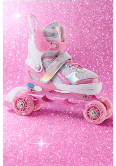Melek Kanatlı Işıklı Çocuk Pateni Ve Dizlik Seti Silikon Teker Ayarlanabilir Paten Çantalı Pembe Pembe