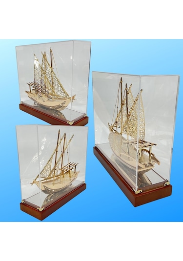 Pirinç Yelkenli Gemi Altın Kaplama Katar Dhow Teknesi Kutulu 29cm No.1