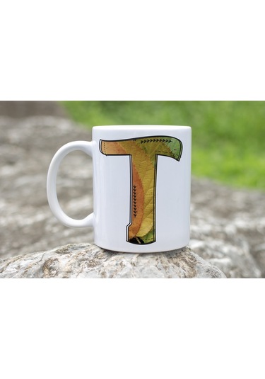 T Harf Yaprak Renkleri İle Kupa Bardak - Kişiye Özel Alfabe Harfli Bardak - Hediye Beyaz