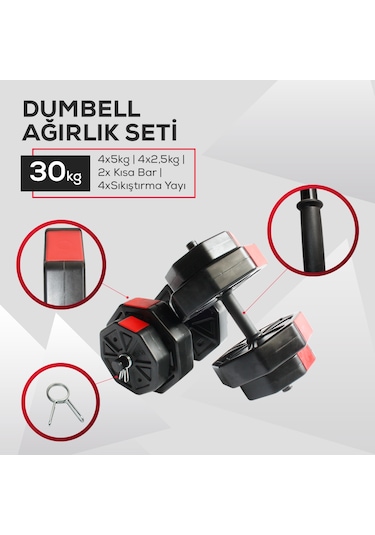 Tan Spor Dambıl Halter Ağırlık Kısa Bar Set 30 KG