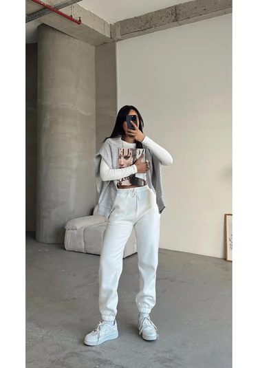 3 İplik Şardonlu Paça Lastikli Eşofman Beyaz İs001 Beyaz