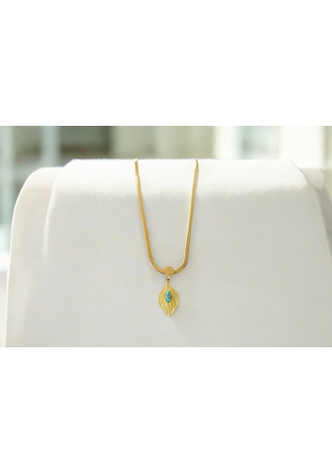 Kadın Çelik Firuze Yaprak Kolye Altın Renk Çelik