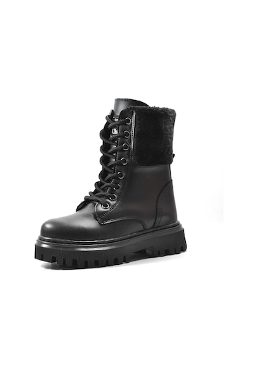 Onlo Ayakkabı Lk.222 Siyah Cilt Fermuarlı Kız Çocuk Postal Bot Siyah