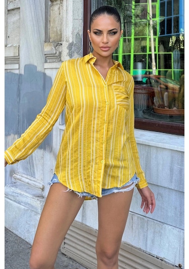 Kadın Sarı Uzun Kol Özel Kumaş Tek Cep Gömlek Dik Çizgili Arkası Uzun Basic Kesim Gömlek Sarı
