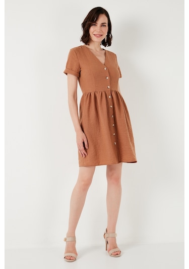 Lela Cepli Önü Düğmeli Kısa Kollu V Yaka Regular Fit Bayan Elbise 611El222 Kahve