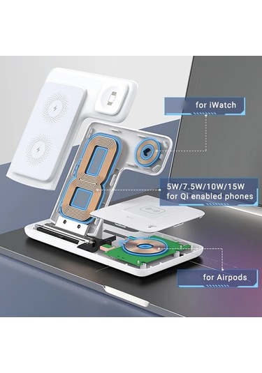 Motion003 Beyaz Katlanabilir Kablosuz Hizli Sarj Istasyonu İphone Uyumlu 16 15 14 13 12 Pro Max Watch 8 7 6 Samsung Galaxy Uyumlu 5 4 3 Xiaomi