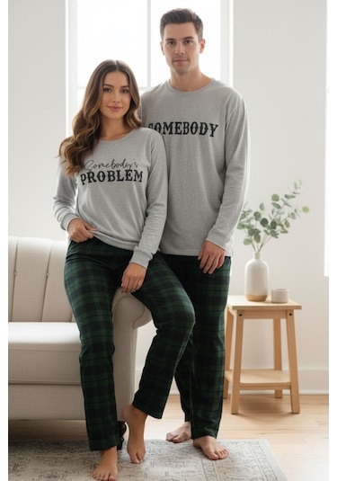 Bella Notte Erkek Yeşil Ekoseli Baskılı Sevgililer Günü Çift Pijama Takımı