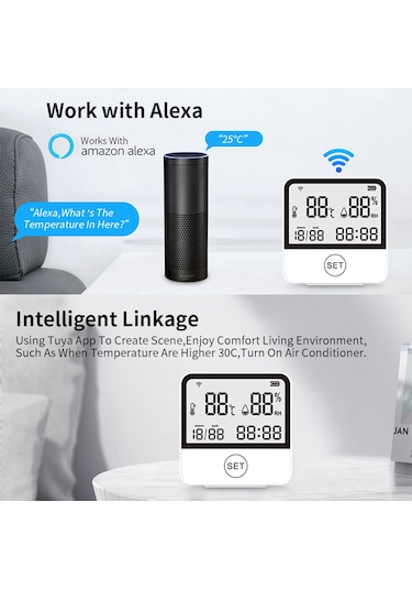 Wifi Sıcaklık Nem Monitörü Akıllı Sıcaklık Ve Nem Sensörü Ölçer Lcd Ekranlı Dijital İç Mekan Higrometre Termometresi-beyaz