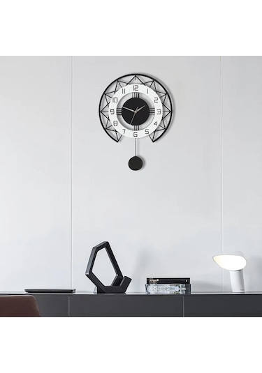 Cajuart Siyah Beyaz Stil Tasarım 40 Cm Ahşap Sarkaçlı Duvar Saati