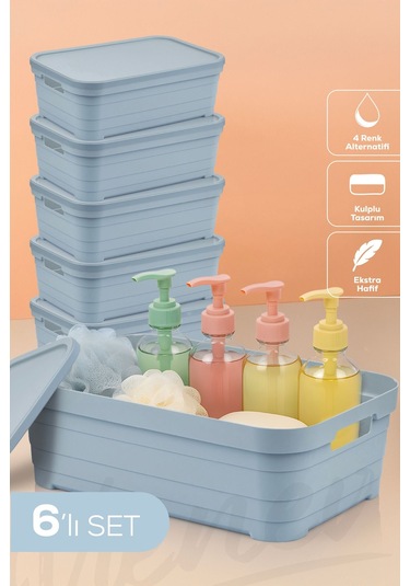 Vienev 6'lı Kapaklı 8,2 Litre Saklama Kutusu Mavi Mavi