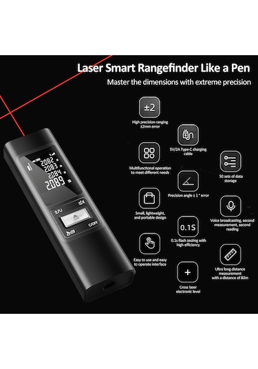 Symbee S80 Alüminyum Laser Mesafe Ölçer, 80m Hassasiyet, Çapraz Çizgi, Li-pol Batarya, Siyah
