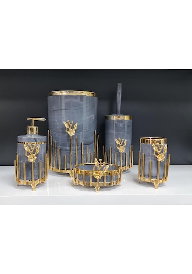 5 Parça Akrilik Yuvarlak Banyo Seti Antrasit Mermer Gold Japon Güllü Antrasit