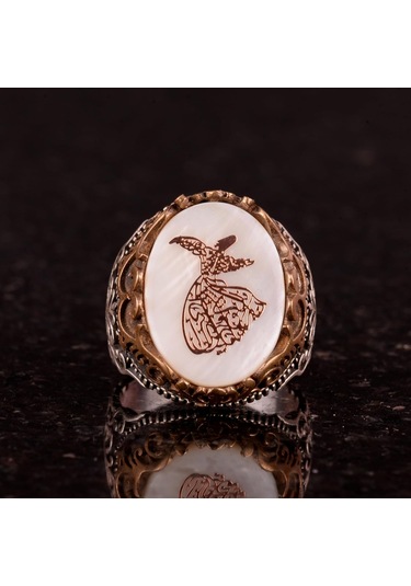 Doğal İnci Taşlı Yüzük, Mevlevi İslami Gümüş Yüzük, 925 Ayar Gümüş Erkek Yüzük Gümüş