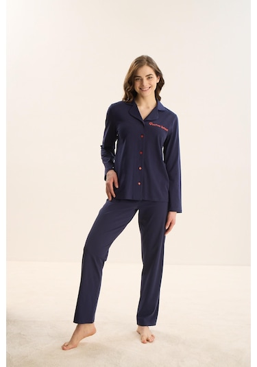 Kadın Uzun Kol Önden Düğmeli Lacivert Pijama Takım C3t9n9o51 001