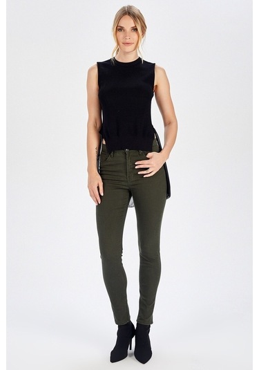 Peraluna Arkası Şifonlu Önü Kısa Siyah Kadın Triko Bluz-Siyah