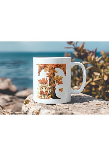 T Harf Sonbahar Yaprak Temalı Kupa Bardak - Sevimli Figürler İle Alfabe Harfli Bardak - Kişiye Özel Beyaz