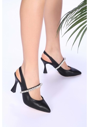 Feles Arkası Açık Taşlı Stiletto Kadın Topuklu Ayakkabı Siyah