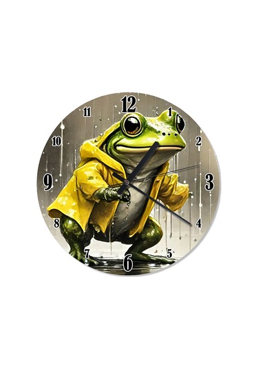 Yağmurluklu Yeşil Kurbağa Baskılı Duvar Saati Çok Renkli