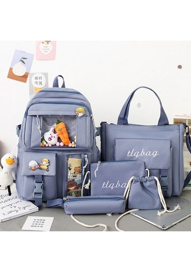 Aubyhe Öğrenci Mavi Çift Askılı Çanta 5 Parça Seti + Ördek Aksesuarı - Komik Ve Pratik Mavi