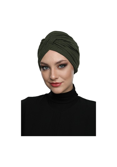 Çapraz Penye Astarlı Haki Hazır Türban Tesettür Havuz Bonesi Haki