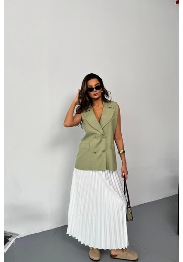 Gold Düğmeli Keten Yelek - Yeşil Yeşil