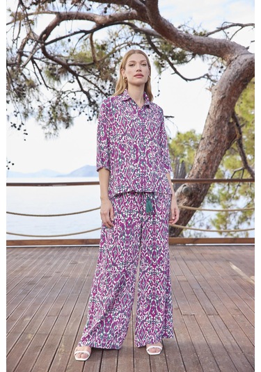 Monamise Kadın Desenli Önü Düğmeli Gömlek Yaka Alt Üst Takım 25017 Yeşil