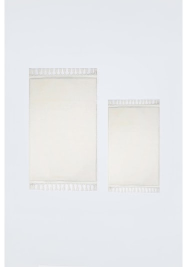 Simirna Ponpon Saçaklı Peluş Yıkanabilir Kaymaz Banyo Paspası 2'li Klozet Takımı Krem Krem