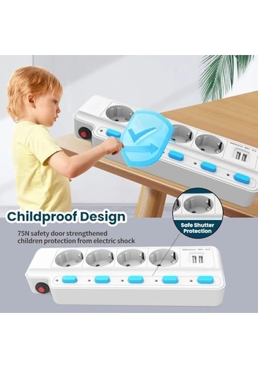 Termal Akım Korumalı 2500w 10 Amper 3 Lü Priz 1.5 Metre Uzatma Kablosu Çoklu Priz 2 Usb Çocuk Korumalı 1