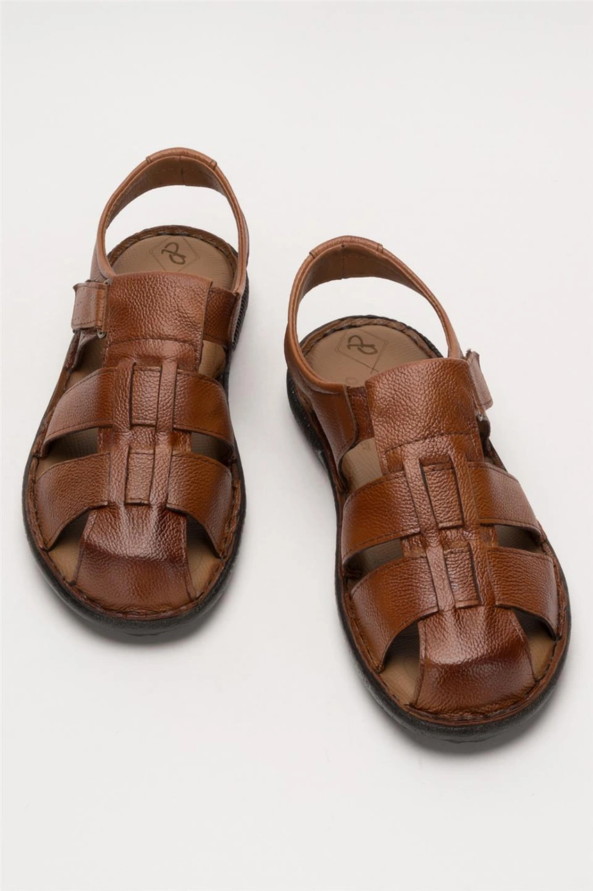 Erkek Hakiki Deri Yazlık Hafif Günlük Ayakkabı Sandalet Taba Taba