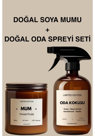 Doğal Cam Şişe Oda Spreyi + Doğal Soya Mumu Seti