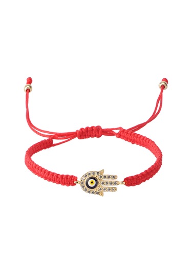 Zirkon Taşlı Pırlanta Montür Altın Kaplama Kırmızı İpli Nazar Desenli Fatma Nın Eli Macrome Gümüş Bileklik Gümüş - Rose Gold