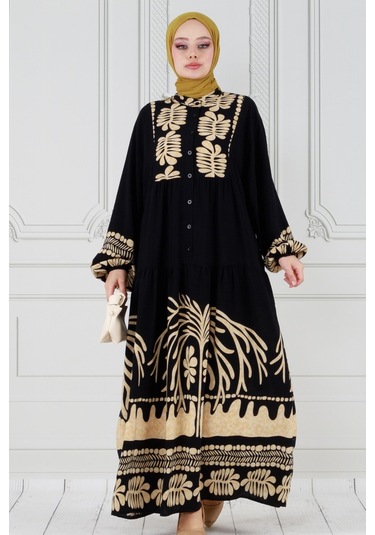 Yarasa Kol Karışık Desen Viscon Elbise-vizon-3799 - Vizon