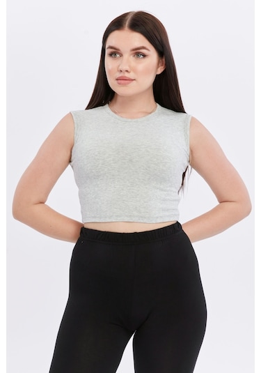 Bella Dossi Rahat Kaşkorse Kolsuz Sıfır Yaka Kadın Crop Top Gri