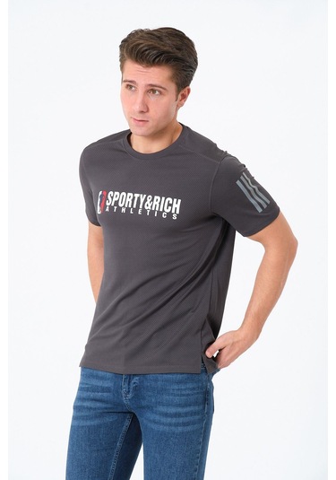 Erkek Bisiklet Yaka Basic Baskılı T-şhirt Gri