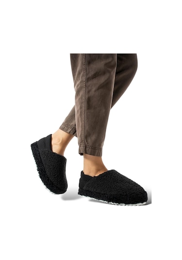 Kadın Lastikli Kaymaz Taban Peluş Havlu Kumaş Ev Ayakkabısı Panduf Siyah-siyah Siyah