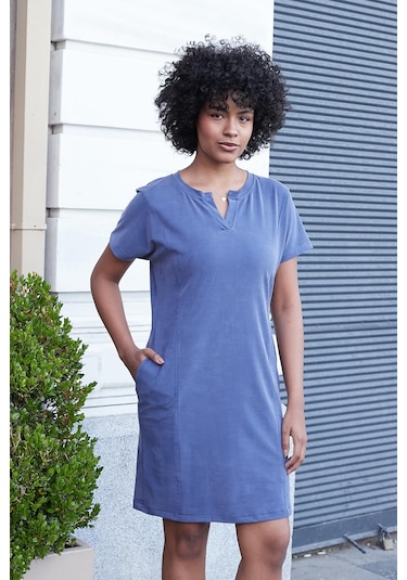 Kadın Modal İpeksi Hafif Esnek Kumaş Geniş Sıfır Yaka Patlı Düşük Omuzlu Yan Cepli Diz Boy Elbise-indigo Indigo