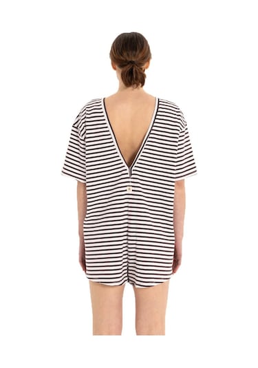 Inguz Stripe %100 Pamuk Şort Tulum Siyah - Beyaz