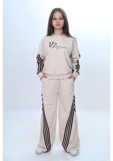 Kız Çocuk %100 Pamuk Şeritli Oversize 2 İplik Alt&üst Eşofman Takımı-305-eşt-0009 Bej